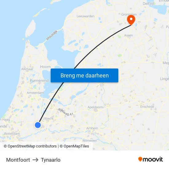 Montfoort to Tynaarlo map