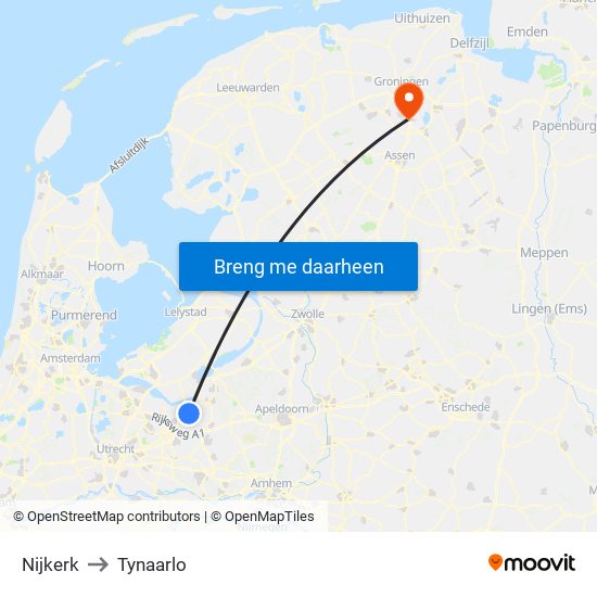 Nijkerk to Tynaarlo map