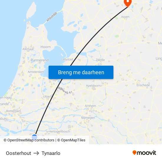 Oosterhout to Tynaarlo map