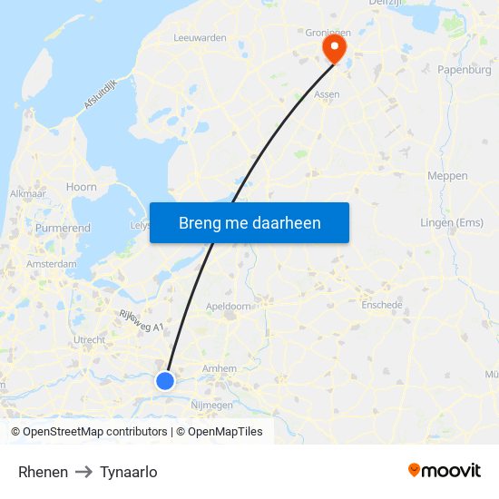 Rhenen to Tynaarlo map