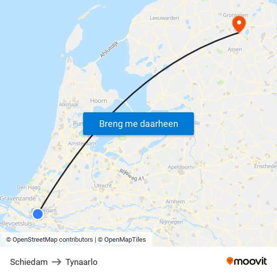 Schiedam to Tynaarlo map