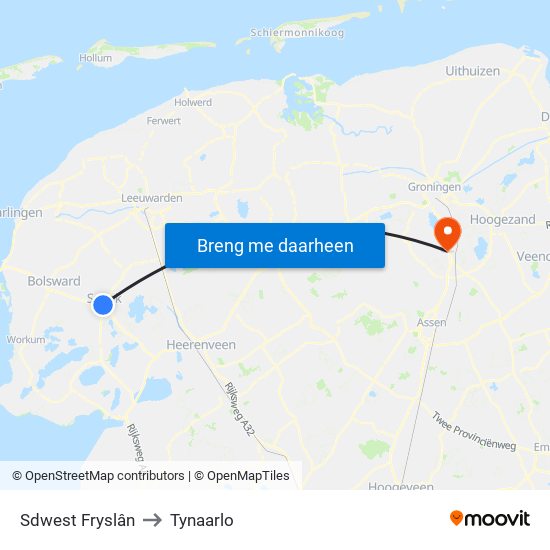 Sdwest Fryslân to Tynaarlo map