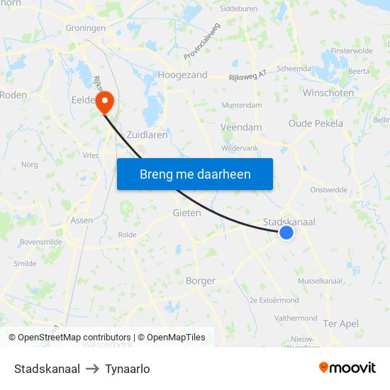 Stadskanaal to Tynaarlo map