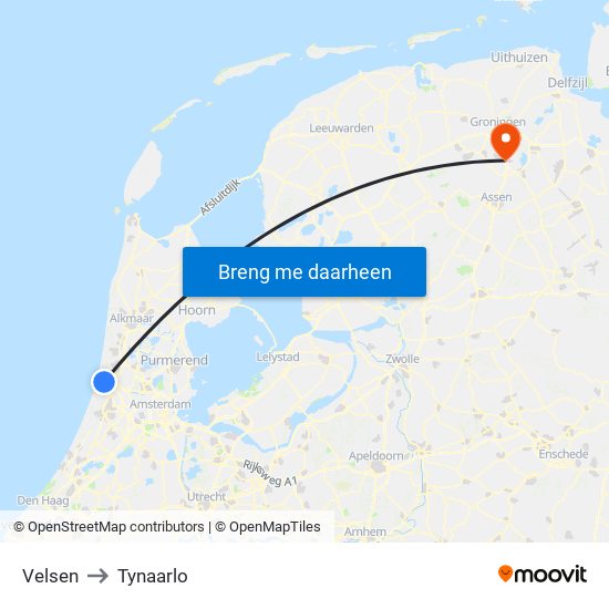 Velsen to Tynaarlo map