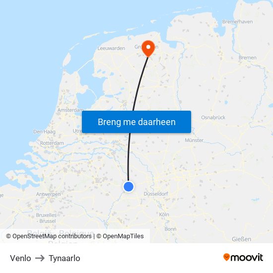 Venlo to Tynaarlo map