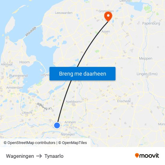 Wageningen to Tynaarlo map