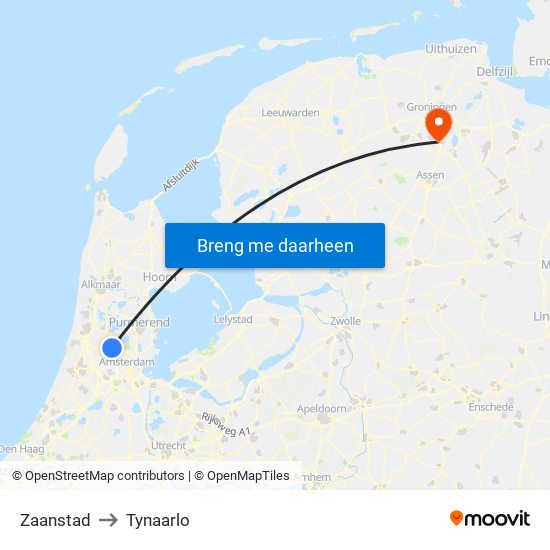 Zaanstad to Tynaarlo map