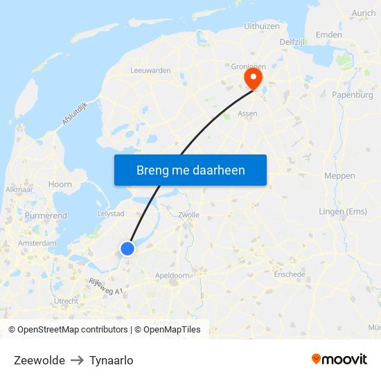 Zeewolde to Tynaarlo map