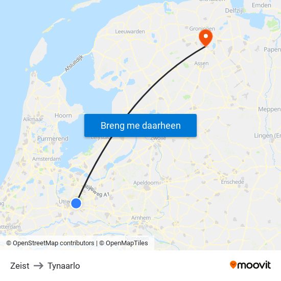 Zeist to Tynaarlo map