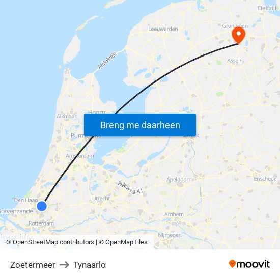 Zoetermeer to Tynaarlo map