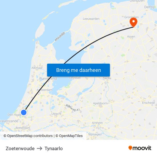Zoeterwoude to Tynaarlo map