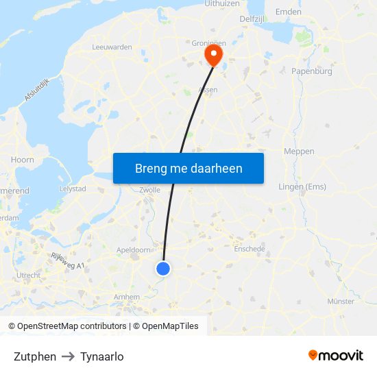 Zutphen to Tynaarlo map