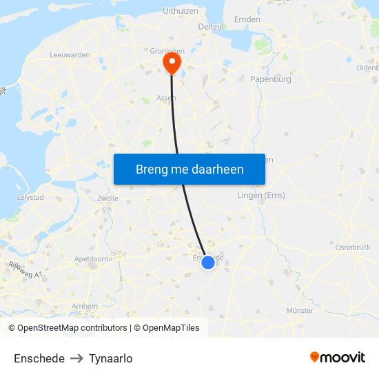 Enschede to Tynaarlo map