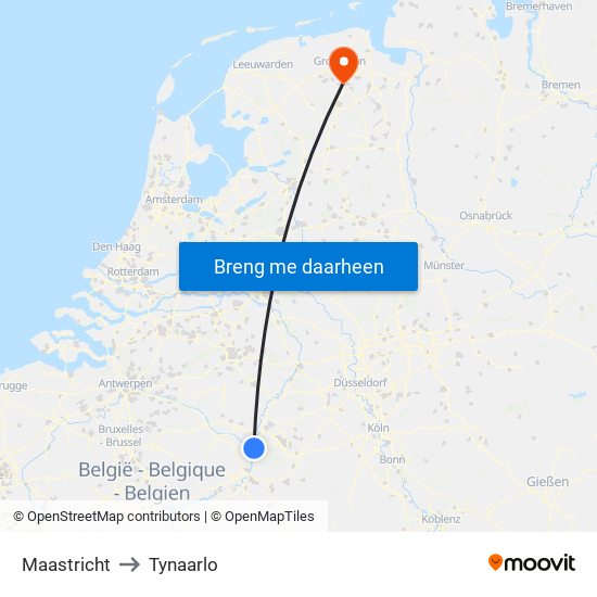 Maastricht to Tynaarlo map