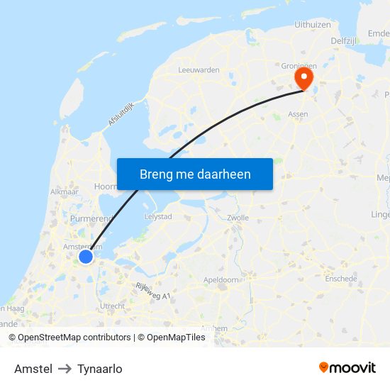 Amstel to Tynaarlo map