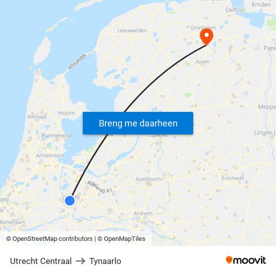 Utrecht Centraal to Tynaarlo map