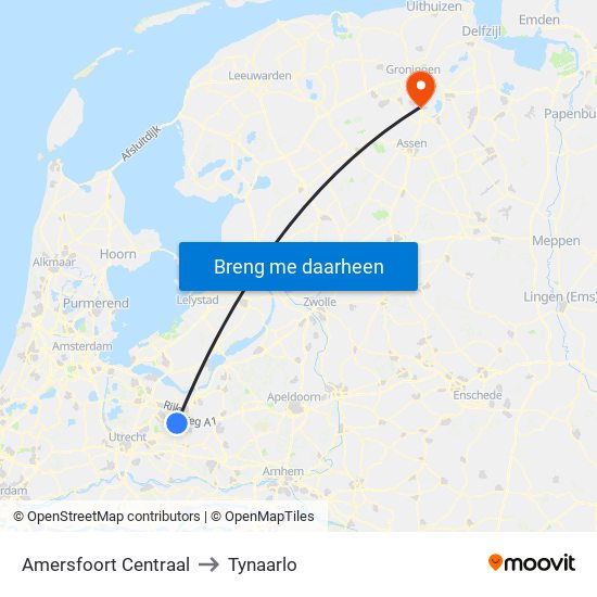 Amersfoort Centraal to Tynaarlo map