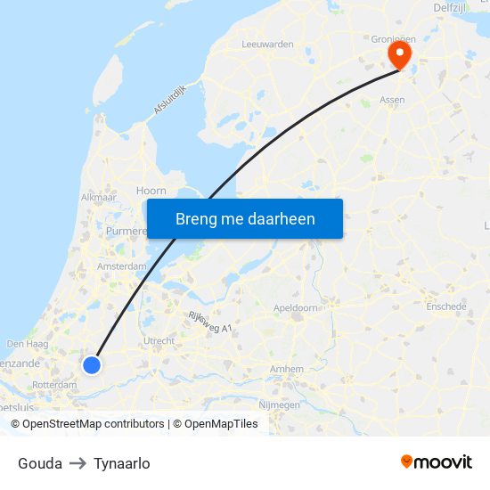 Gouda to Tynaarlo map