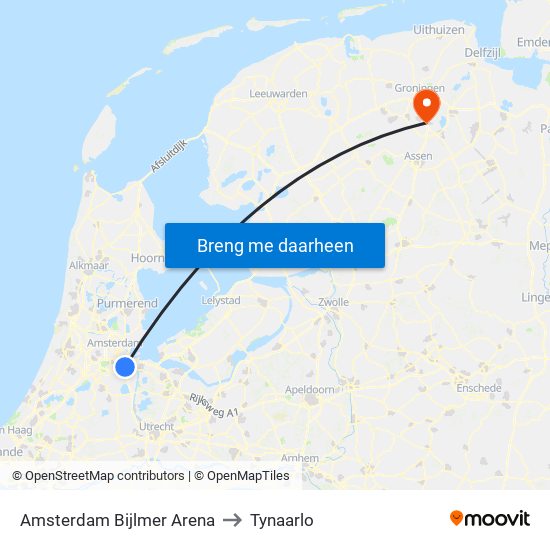 Amsterdam Bijlmer Arena to Tynaarlo map