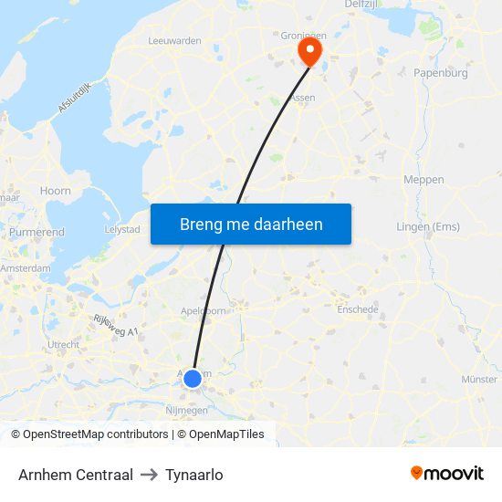 Arnhem Centraal to Tynaarlo map