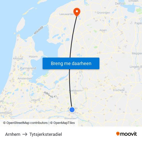 Arnhem to Tytsjerksteradiel map