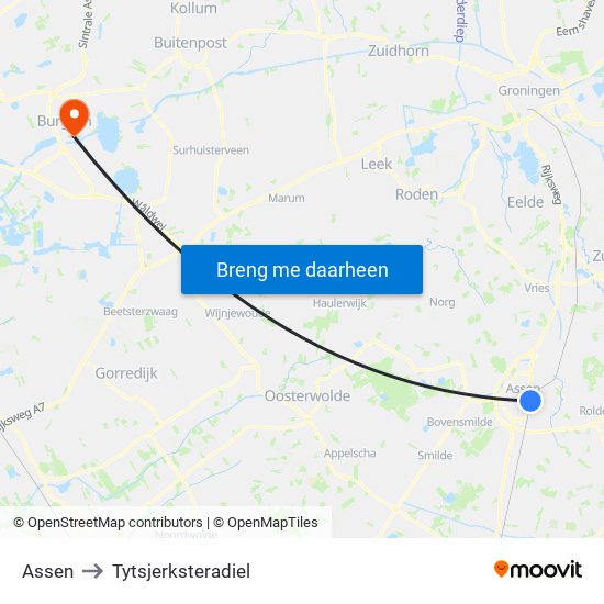 Assen to Tytsjerksteradiel map