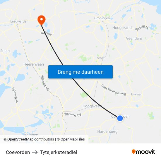 Coevorden to Tytsjerksteradiel map