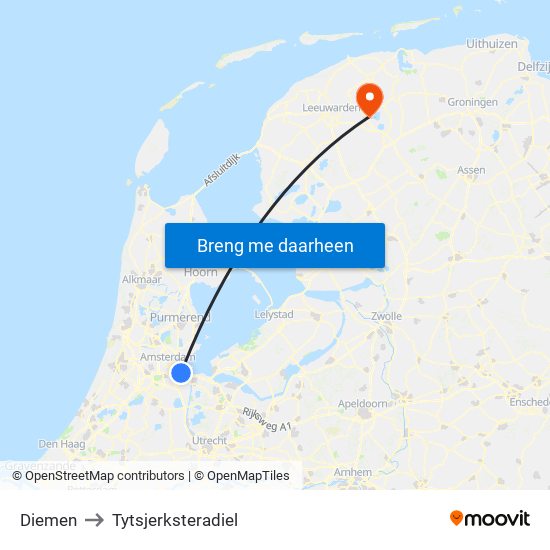 Diemen to Tytsjerksteradiel map