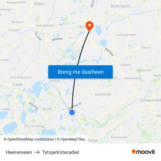 Heerenveen to Tytsjerksteradiel map