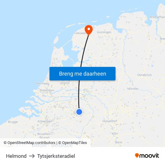 Helmond to Tytsjerksteradiel map