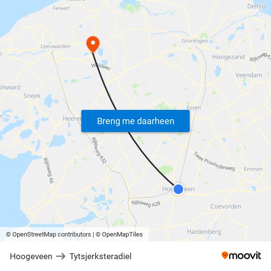 Hoogeveen to Tytsjerksteradiel map