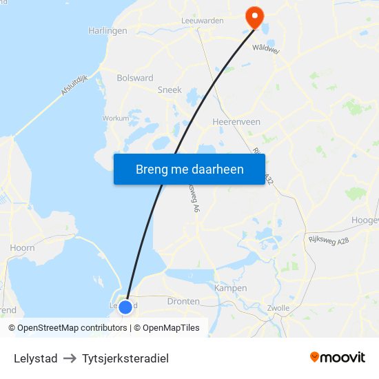 Lelystad to Tytsjerksteradiel map