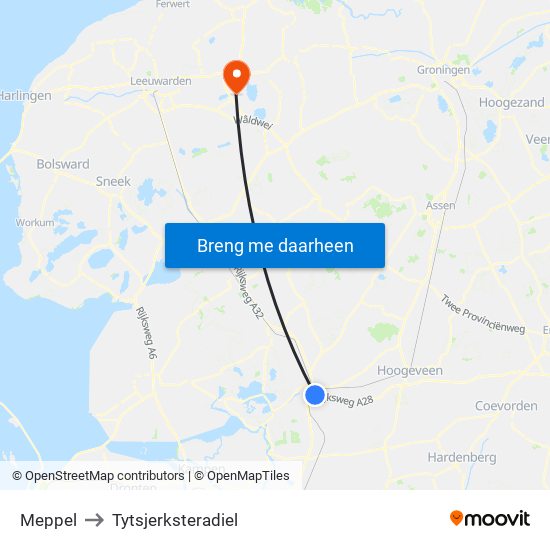 Meppel to Tytsjerksteradiel map