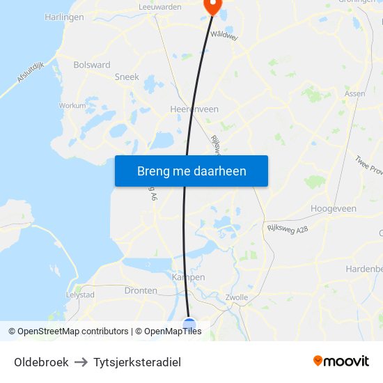 Oldebroek to Tytsjerksteradiel map