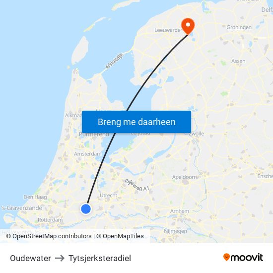 Oudewater to Tytsjerksteradiel map