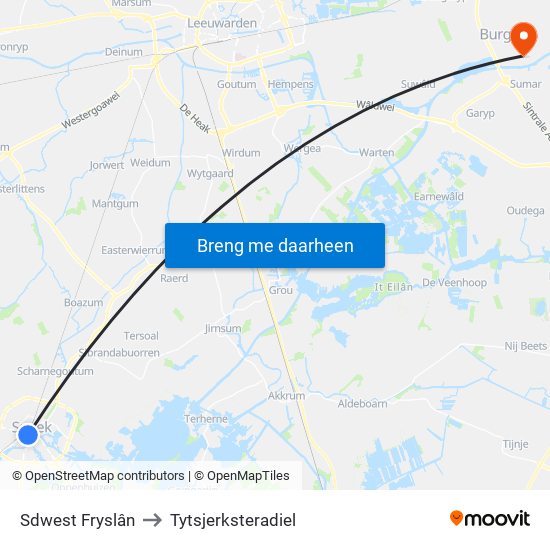 Sdwest Fryslân to Tytsjerksteradiel map