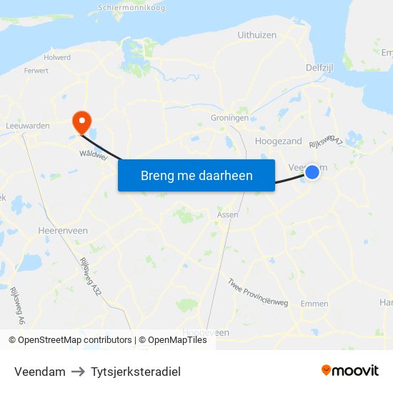 Veendam to Tytsjerksteradiel map
