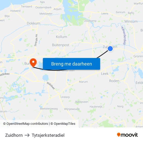 Zuidhorn to Tytsjerksteradiel map