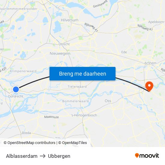 Alblasserdam to Ubbergen map