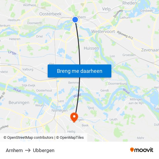 Arnhem to Ubbergen map