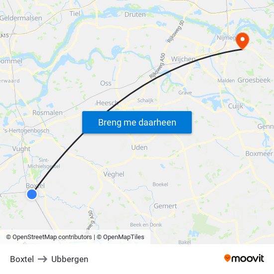 Boxtel to Ubbergen map