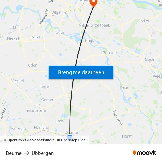Deurne to Ubbergen map