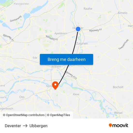 Deventer to Ubbergen map