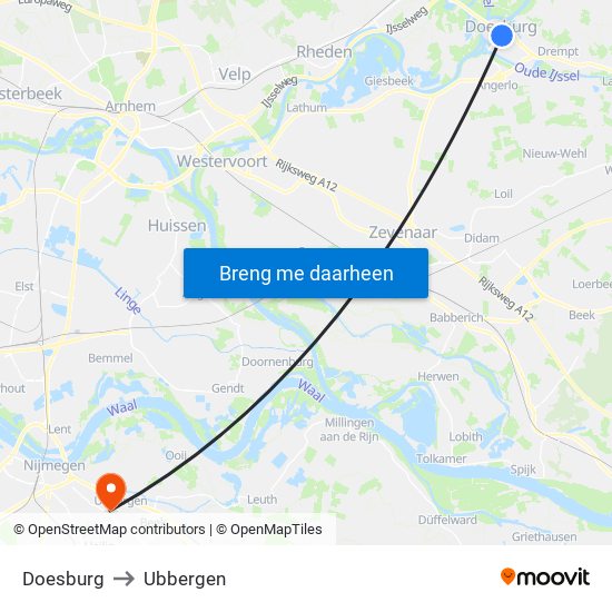 Doesburg to Ubbergen map