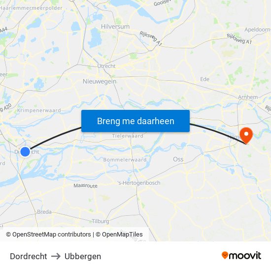 Dordrecht to Ubbergen map