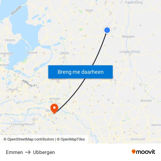 Emmen to Ubbergen map
