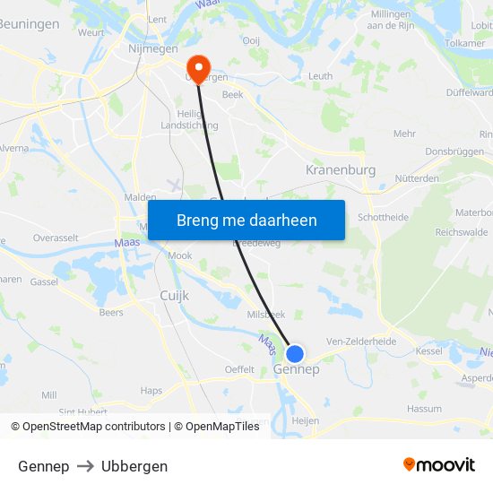 Gennep to Ubbergen map