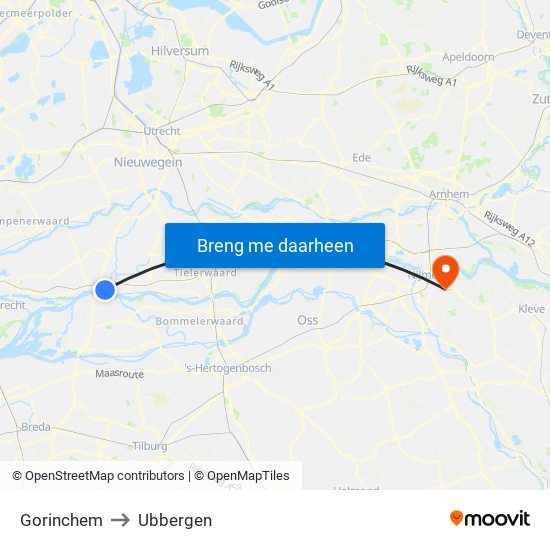 Gorinchem to Ubbergen map