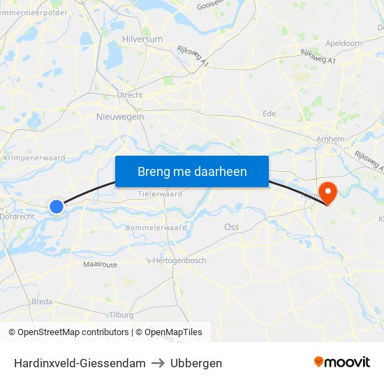 Hardinxveld-Giessendam to Ubbergen map