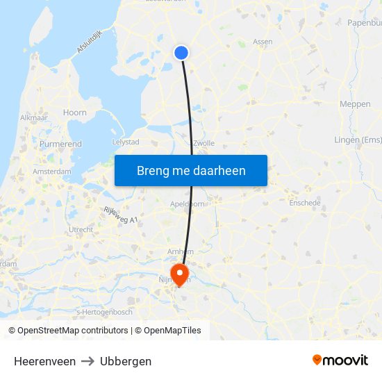 Heerenveen to Ubbergen map
